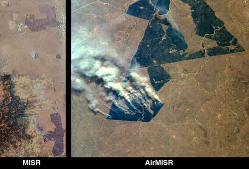 These images of northeastern South Africa, near Kruger National Park, were acquired on September 7, 2000. The left image shows an 85-kilometer wide x 200-kilometer long area captured by MISR's aftward- viewing 45-degree camera. At lower left are the Drakensberg Mountains; to the east of this range a large burn scar with thin smoke plumes from still-smoldering fires is visible. Near the top of the image another large burn scar with an open-pit mine at its western edge can be seen. Other burn scars are scattered throughout the image.Just above the center of the lefthand image is a polygonal burn scar with a set of smoke plumes from actively burning fires at its southwestern tip. The righthand image, which is a "zoomed-in" view of the area, was acquired almost simultaneously by MISR's airborne counterpart, AirMISR, aboard a NASA ER-2 high-altitude aircraft. AirMISR contains a single camera that rotates to different view angles; when this image was acquired the camera was pointed straight downward. Because the ER-2 aircraft flies at an altitude of 20 kilometers, whereas the Terra spacecraft orbits the Earth 700 kilometers above the ground, the AirMISR image has 35 times finer spatial resolution. The AirMISR image covers about 9 kilometers x 9 kilometers. Unlike the MISR view, the AirMISR data are in "raw" form and processing to remove radiometric and geometric distortions has not yet been performed.Fires such as those shown in the images are deliberately set to burn off dry vegetation, and constitute a widespread agricultural practice in many parts of Africa. These MISR and AirMISR images are part of an international field, aircraft, and satellite data collection and analysis campaign known as SAFARI-2000, the Southern Africa Regional Science Intitiative. SAFARI-2000 is designed, in part, to study the effects of large-scale human activities on the regional climate, meteorology, and ecosystems.Image Credit: NASA/GSFC/JPL, MISR and AirMISR Teams. Catalog No. PIA02624