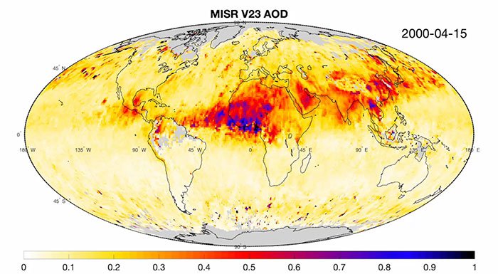 The animation (viewing options below) shows improvements in the measurements of aerosol optical depth (AOD) from the new aerosol product across the globe, in the form of three-month moving averages.