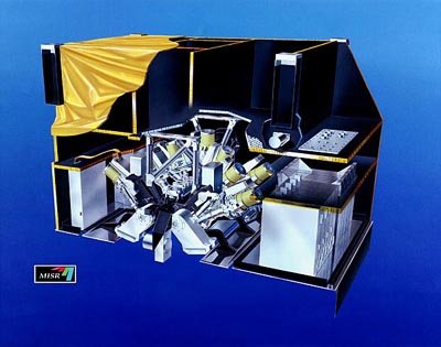 This is an artist's rendition of the MISR instrument in cutaway view. The back ends of the 9 MISR cameras appear as yellow cylinders. In this orientation, MISR would look down toward Earth.JPL image P-44988