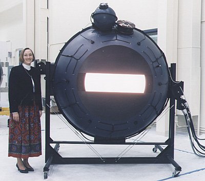 This 65-inch integrating sphere was used to provide the preflight radiometric calibration of MISR. The large diameter is needed to insure the cameras see a uniform target. The sphere output is known by use of "standard detectors". This technique is used by national standard laboratories.The preflight calibration is useful to verify the instrument design and manufacture, and to verify the operation of the in-flight on-board calibrator.
